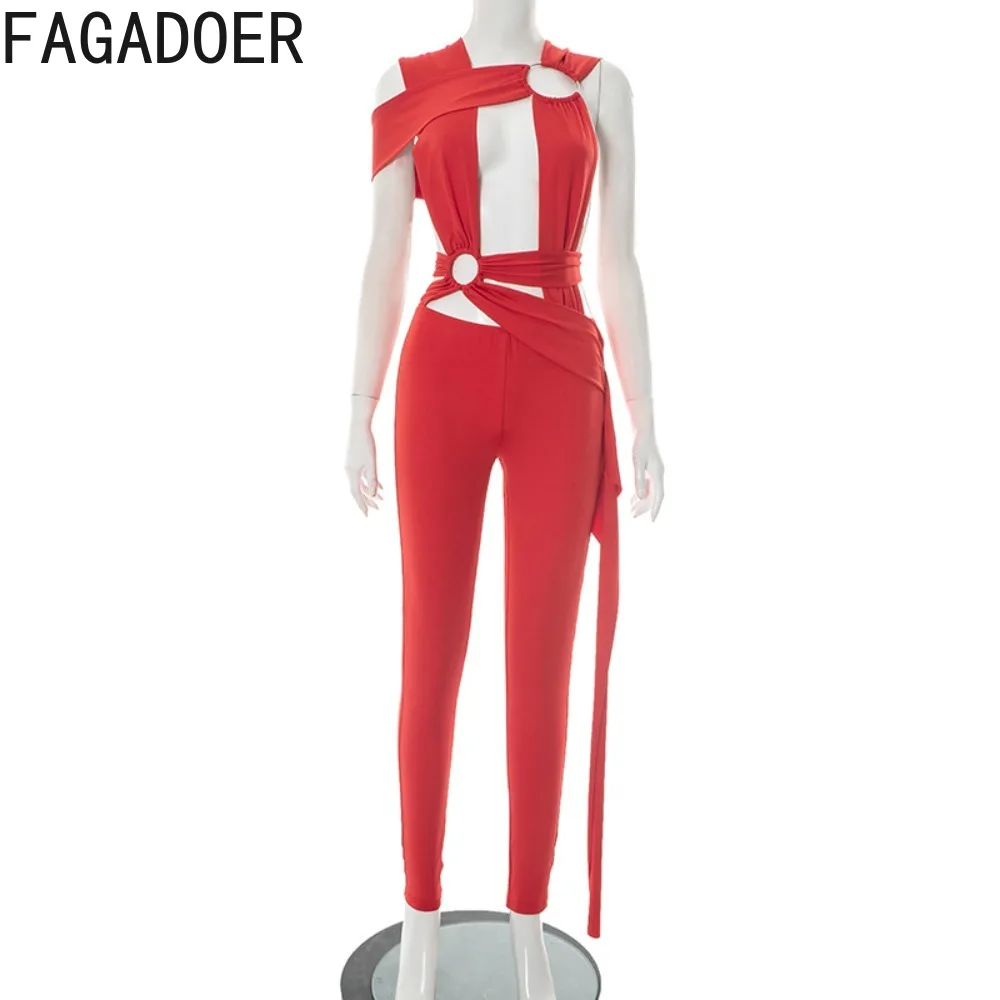 FAGADOER Sexy Hollow Out Bodycon Jumpsuits for Woman Solid Color Bandage Patchwork Irregular Rompers Female Streetwear Overalls