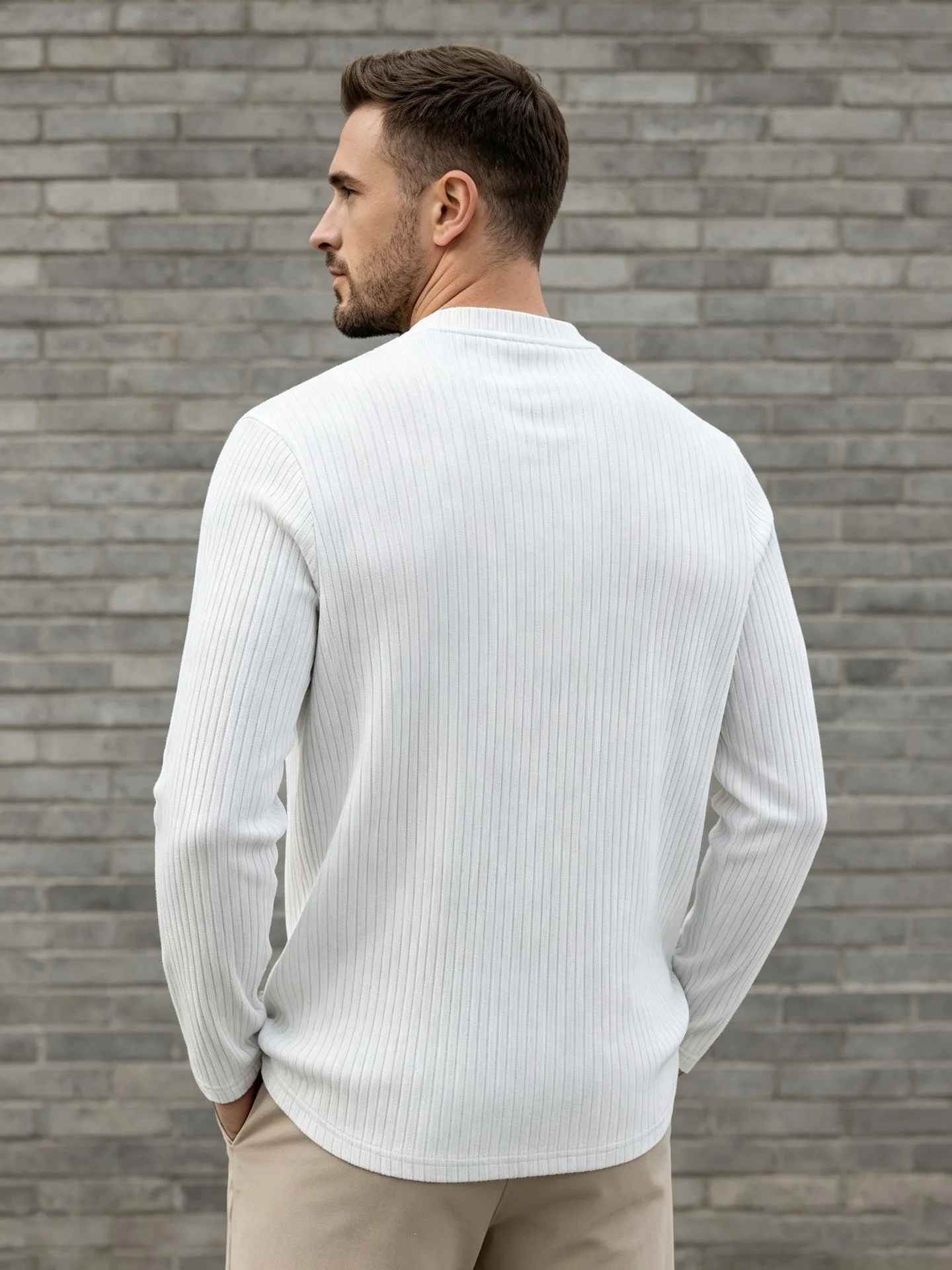 2026 Men V‑Neck Knit Long Sleeve T‑Shirt Autumn Solid Color Ribbed Texture Tees Casual Loose Fit Basic Tops S‑3XL
