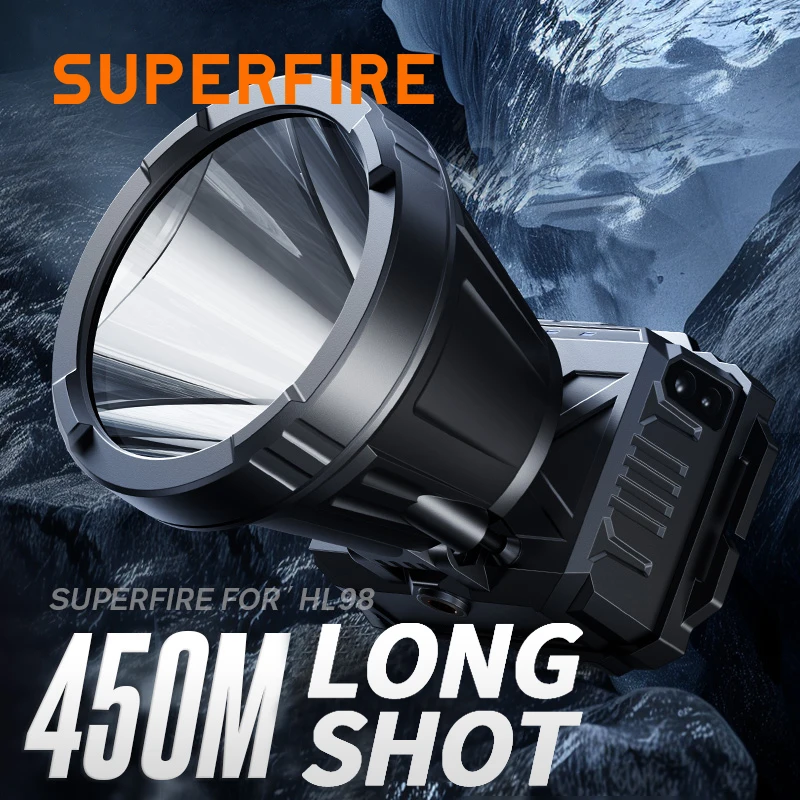 superfire hl98 led farol sensor farol modos tipo c rechageable 450m longo alcance 90 lanterna de pesca de acampamento ajustavel 01