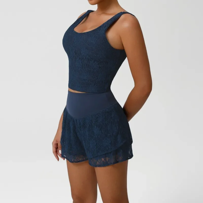 

New Women's Yoga Set Lace Nude Tennis Sports Set Spliced Mesh Breathable Sports Running Anti Glare Set