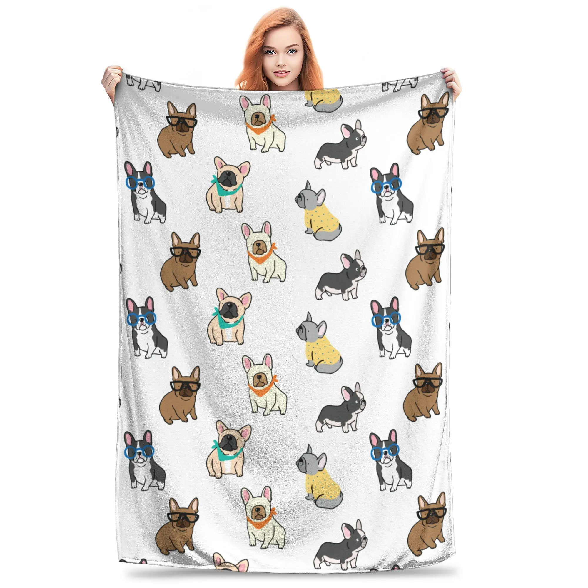 Cartoon French Bulldog Puppies Design Gift Blanket For Men Women Warm Cozy Fluffy Fun Frenchies Dog Throw Blankets for Sofa