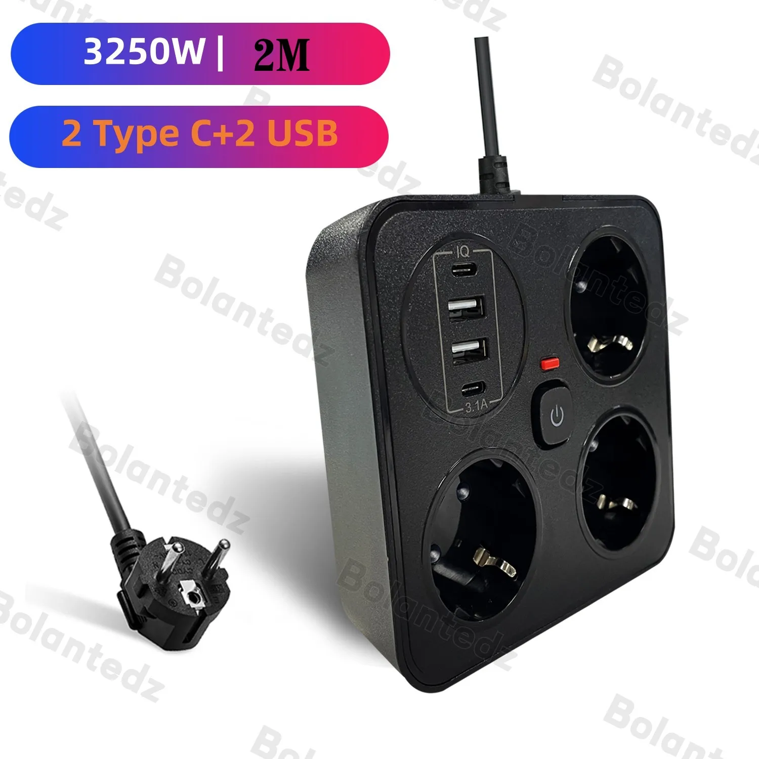 3 Way European Power Strip Overload Protection 2M Extension Wire EU Power Socket With USB C Charging Port Network Filter Adapter