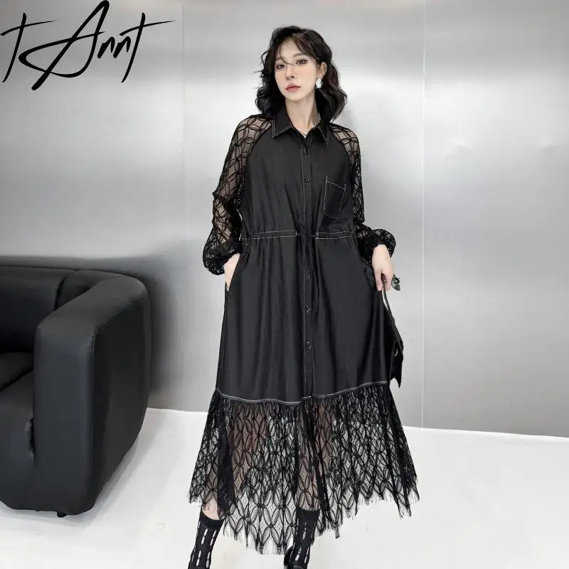 

Tannt Women Dress Lace Patchwork Drawstring Hollow Out Long Casual Denim Dresses Asymmetry Long Sleeves Fashion Dresses 2025