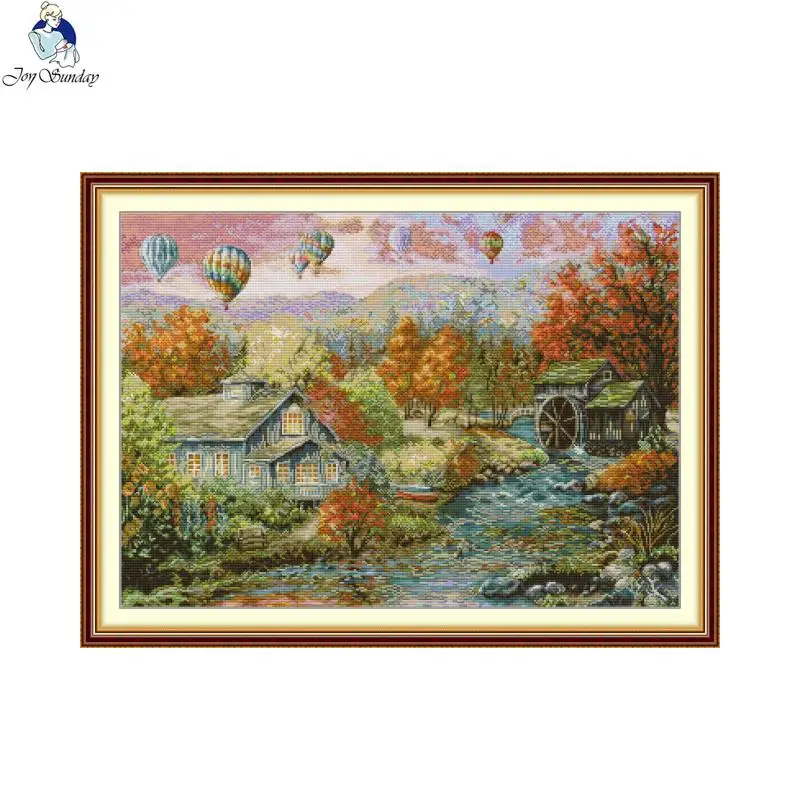 Joy Sunday DIY Landscapes Autumn in the Valley Cross Stitch Complete Kit Embroidery Kits Cross Stitch Printed Fabric Home Decor