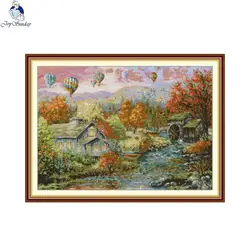 Joy Sunday DIY Landscapes Autumn in the Valley Cross Stitch Complete Kit Embroidery Kits Cross Stitch Printed Fabric Home Decor