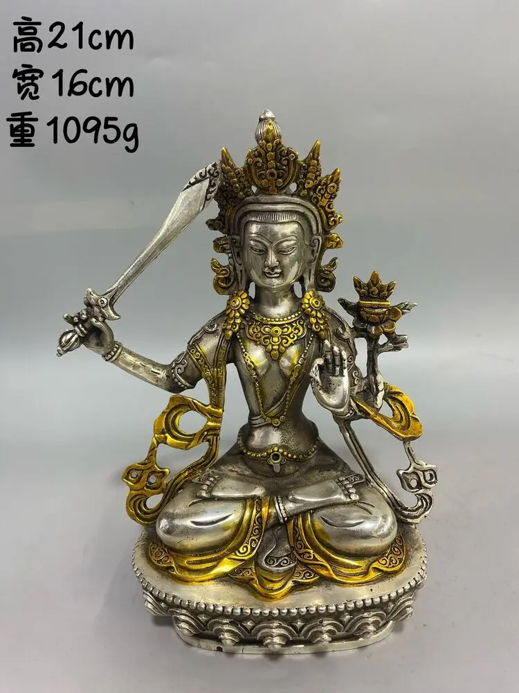 8'' bronze silver plating gild sculpture Buddhist culture Manjusri Bodhisattva