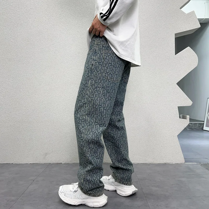 Hip-Hop Street Design Full Printed Washed-out Vintage Wide Leg Jeans Men's American Style Trend Loose Casual Straight Trousers