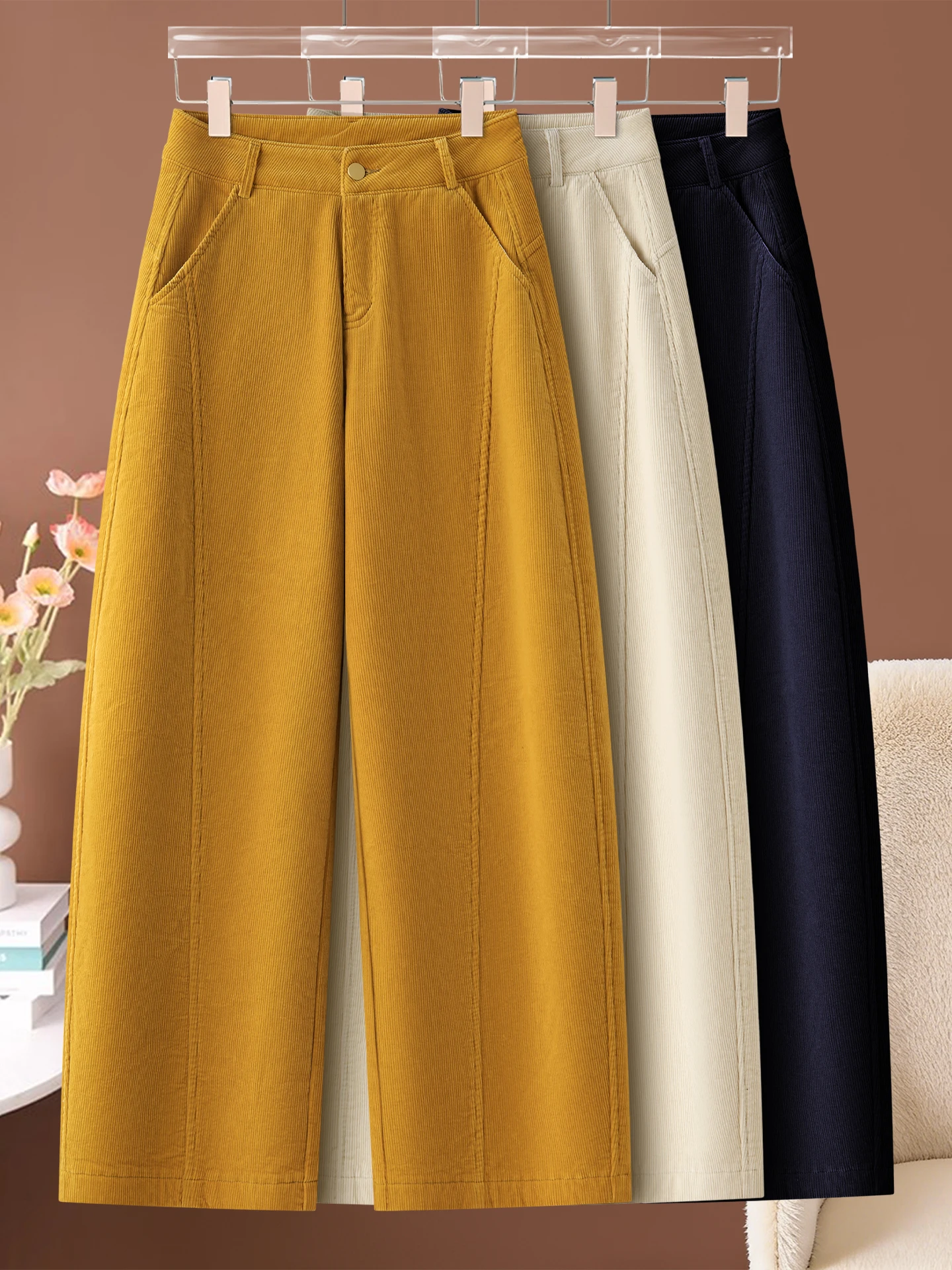 

Thickened Fleece Corduroy Wide Leg Scythe Pants Women's Autumn Winter High Waist Loose Slimming Casual Pants Cotton Blend