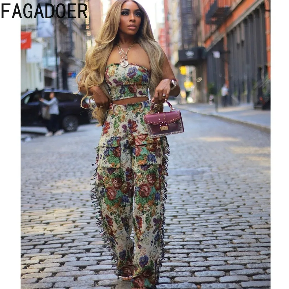 FAGADOER Fashion Streetwear Women Flowers Print Lace Up Sleeveless Backless Tube And Tassels Pants Two Piece Set Female Clothing