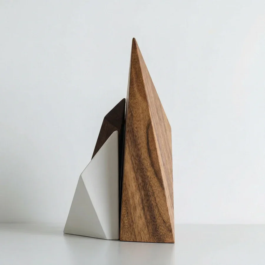 Geometric Triangle Mountain Wooden Sculpture Engraved Handmade Custom Color Blocking Design Tabletop Decor Coffee Table Shelf