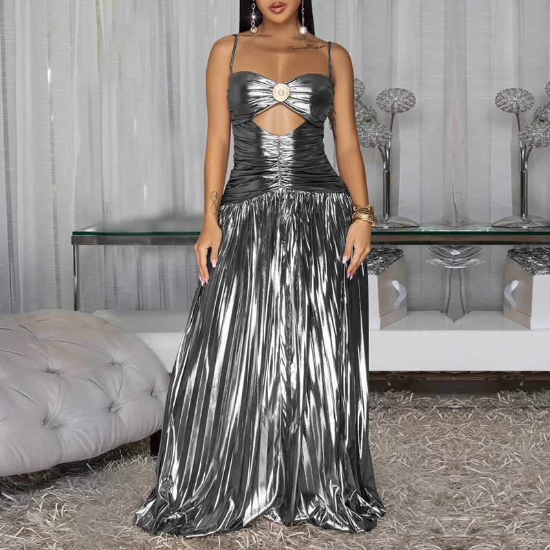 BKLD Sexy elegante colore metallizzato cinturino ritaglio senza maniche backless pieghettato abito lungo moda donna banchetto di lusso abiti da festa