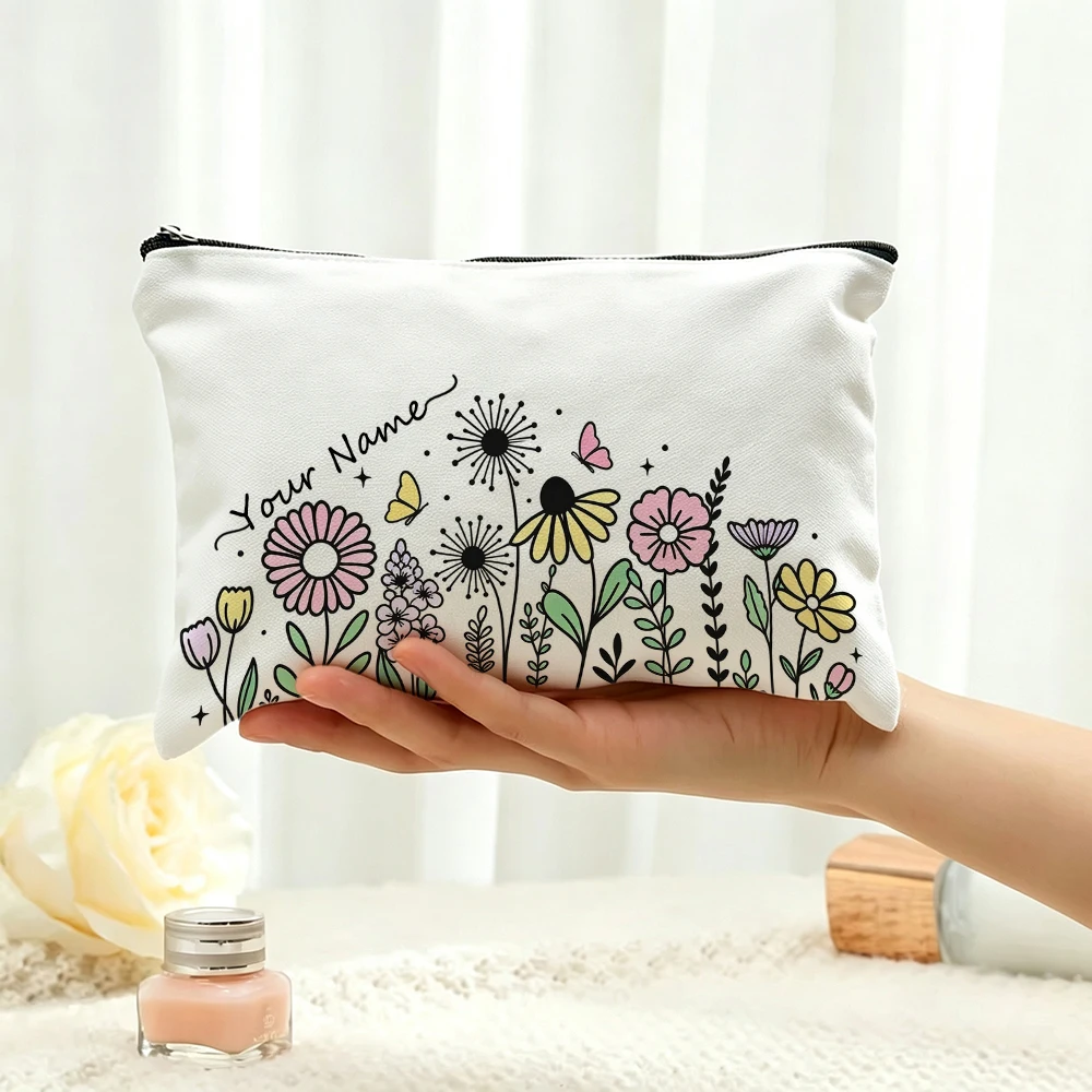 Personalized Wildflowers Makeup Bags Custom Names Floral Cosmetic Pouches with Inner Lining for Women Travel Toiletry Bags Gifts