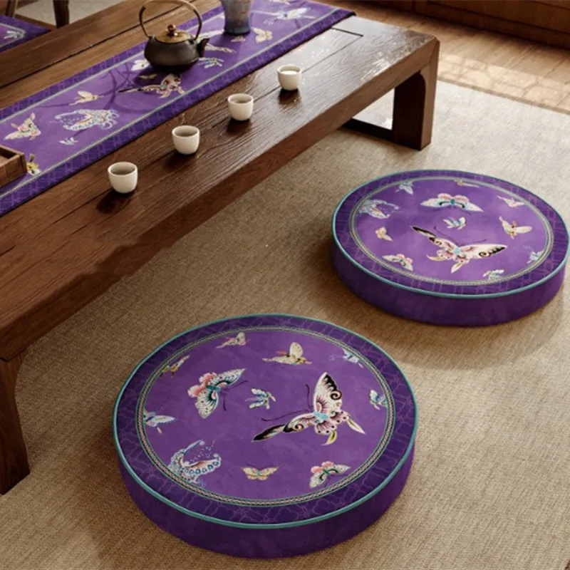 Chinese Style Round Floor Cushion, Purple Peony Butterfly Thickened Meditation Cushion, Non-slip Soft Floor Pillow for Tatami