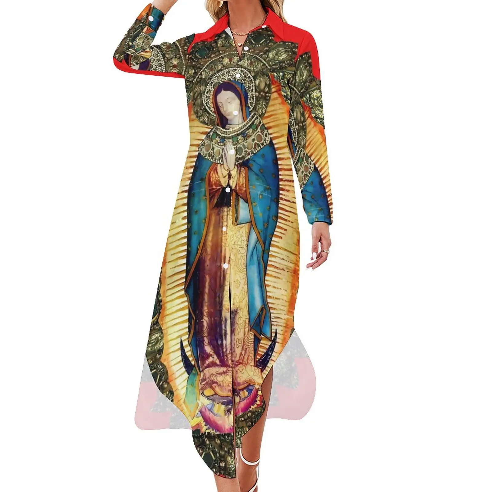 Our Lady of Guadalupe Chiffon Dress Sexy V Neck Mexican Virgin Mary Beach Dresses Female Street Wear Casual Dress Birthday Gift