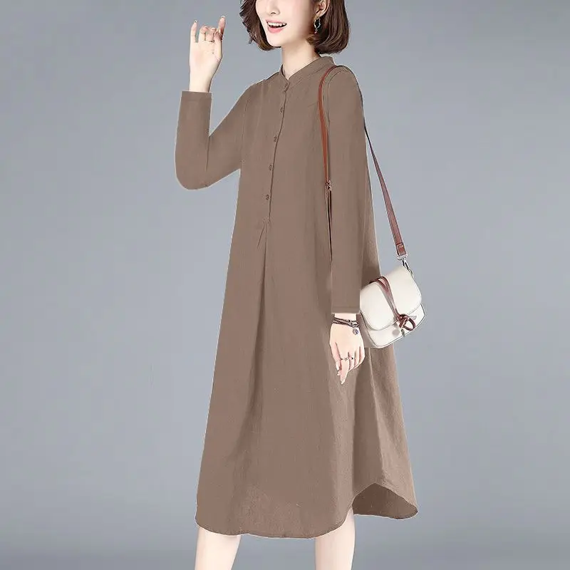 

Women's Stand Collar Long Sleeve Skirt Loose Dresses Simplicity Monochromatic Temperament Office Clothes Lady Spring Fashion