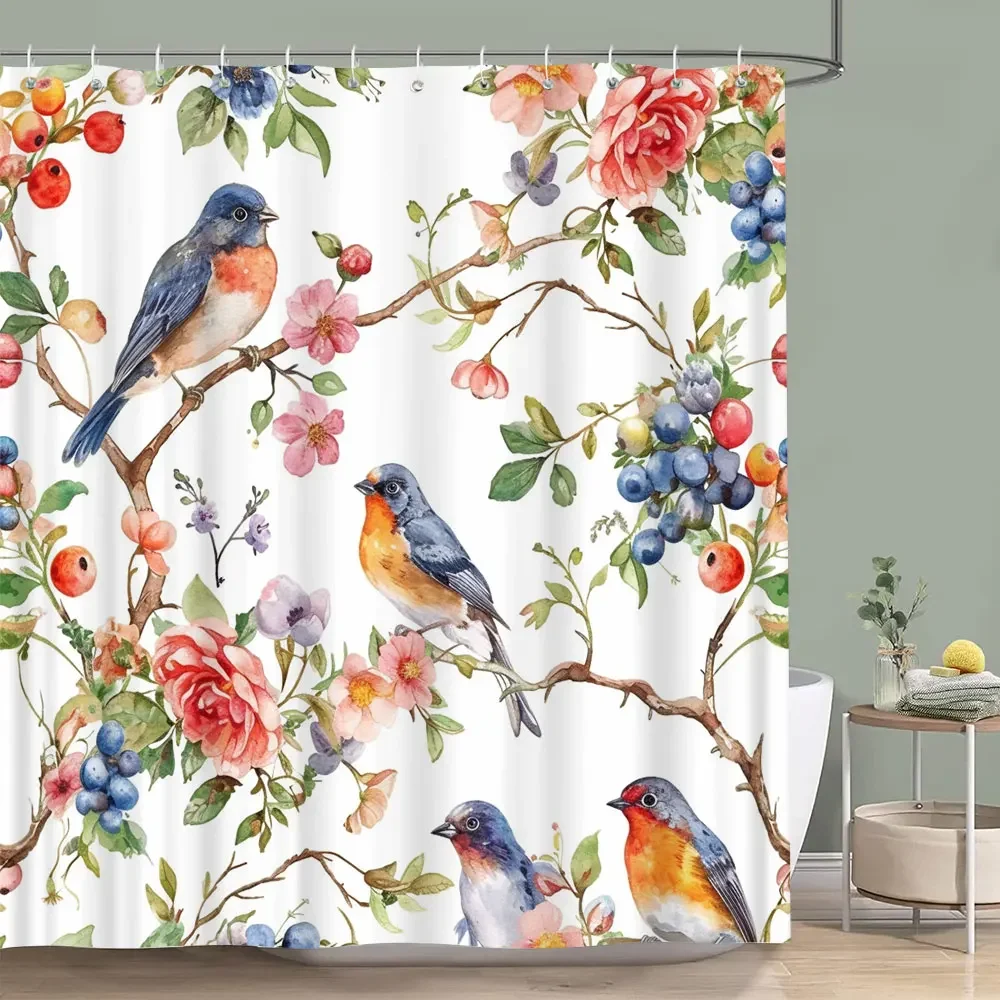 

Watercolor Wisteria and Birds Shower Curtain Waterproof Easy to Clean Privacy Protection Print Spring Floral Design Elegant