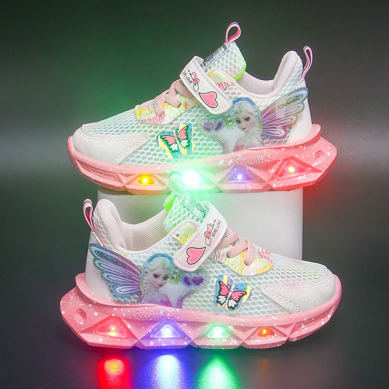 Frozen LED Shoes Anime Elsa Princess Sport Shoes Disney Tennis Shoes Girls Luminous Shoes Kids Casual Sneakers Size 22-35