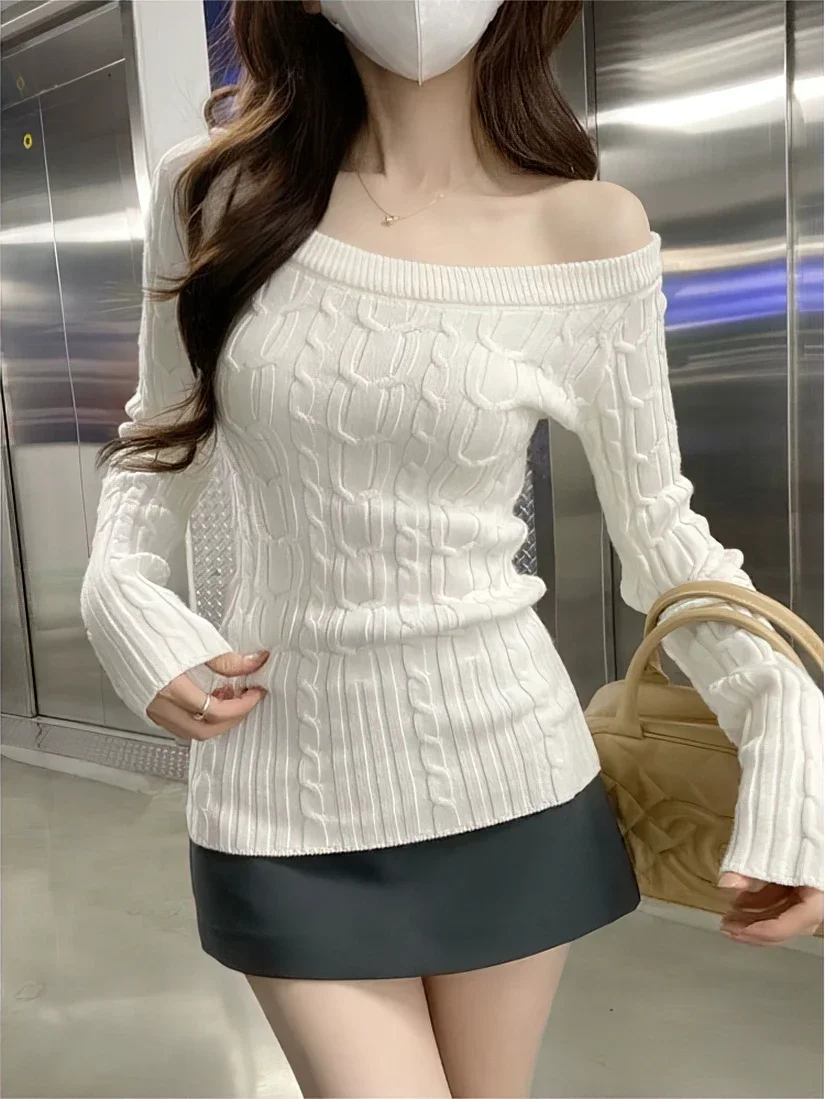 

Casual Off shoulder Rib Knit Sweater Pull Women Long sleeve Top Basic Tees White Slim Pullovers Lady Sexy One Shoulder New