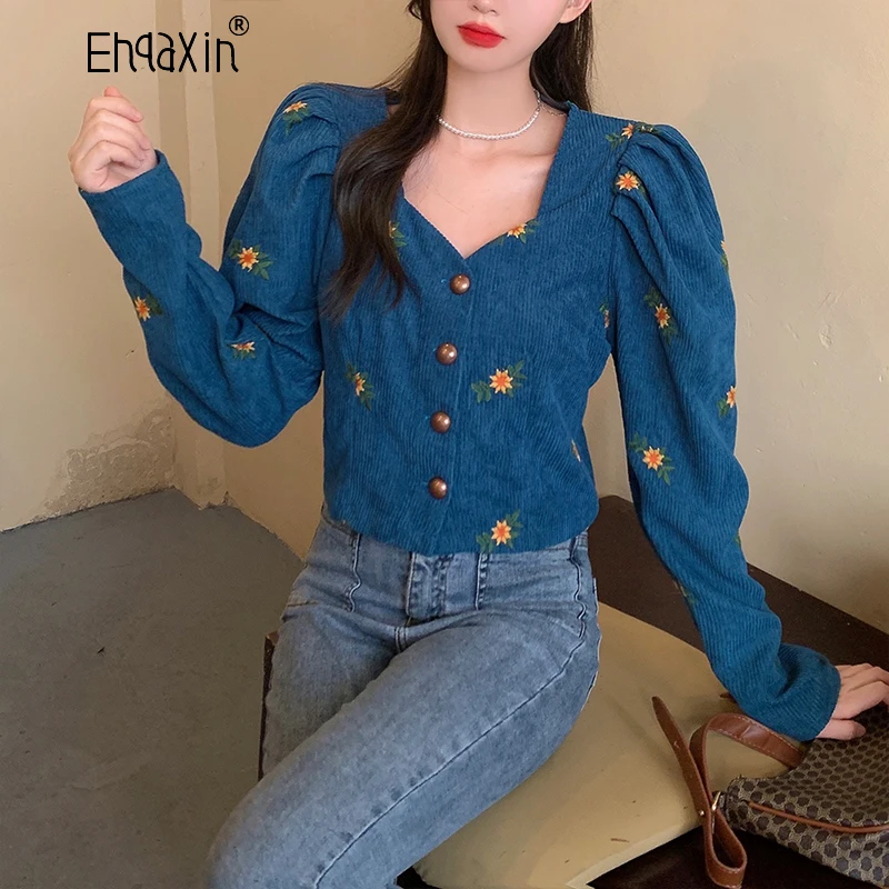 EHQAXIN New 2024 Women's Cardigan Top Autumn Winter Retro Short Corduroy Embroidered Long Sleeve Button Cardigan Coat Lady S-3XL