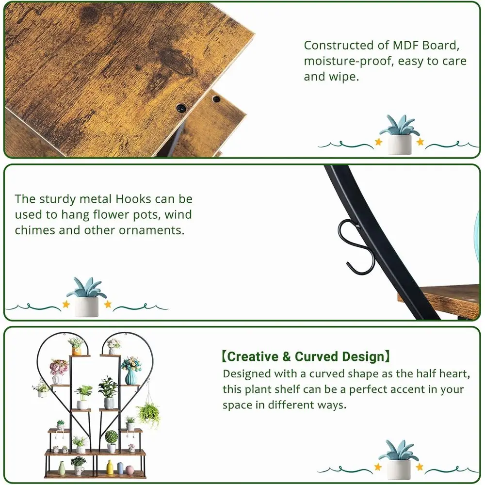 6-stufiger Halbherz-Pflanzenständer für Außenräume – schwarzes Metall und Holz, 22 B x 11 T x 66 H