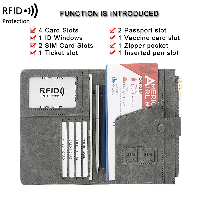 도난 방지 RFID 여권 홀더, 지퍼 버클 여행 지갑, 문서 홀더, 다기능 여행 여권 가방