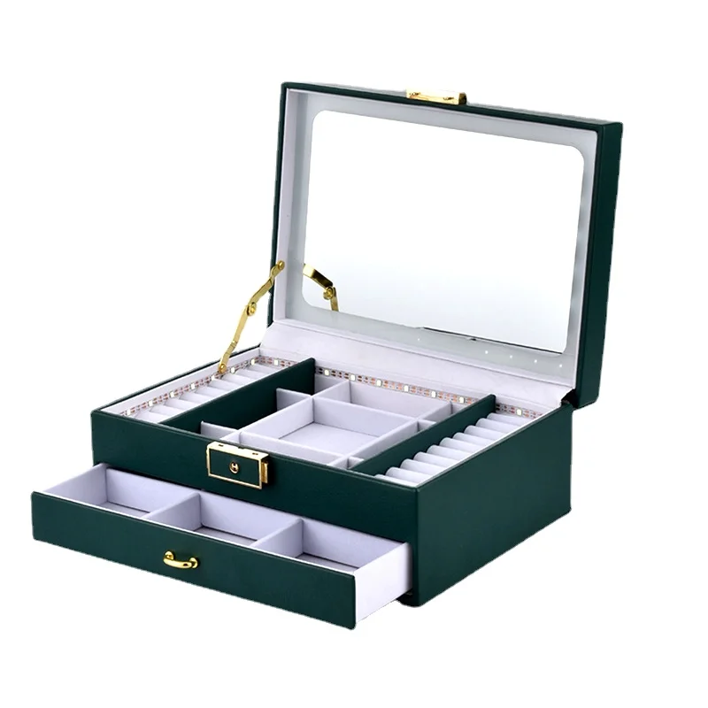 

Luxury 2 Layers Jewelry Organizer Large Leather Jewelry Storage Box with Mirror Drawer Type Ring Necklace Earrings Storage Boxes