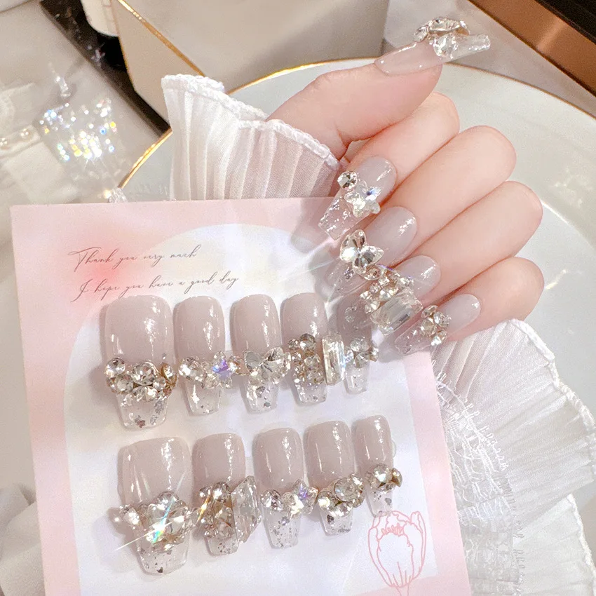 10pcs Handmade Shiny Crystal Decor Press on Nails French Bride Ballet False Nail Patches Wearable Korean Glitter Fake Nail Tips