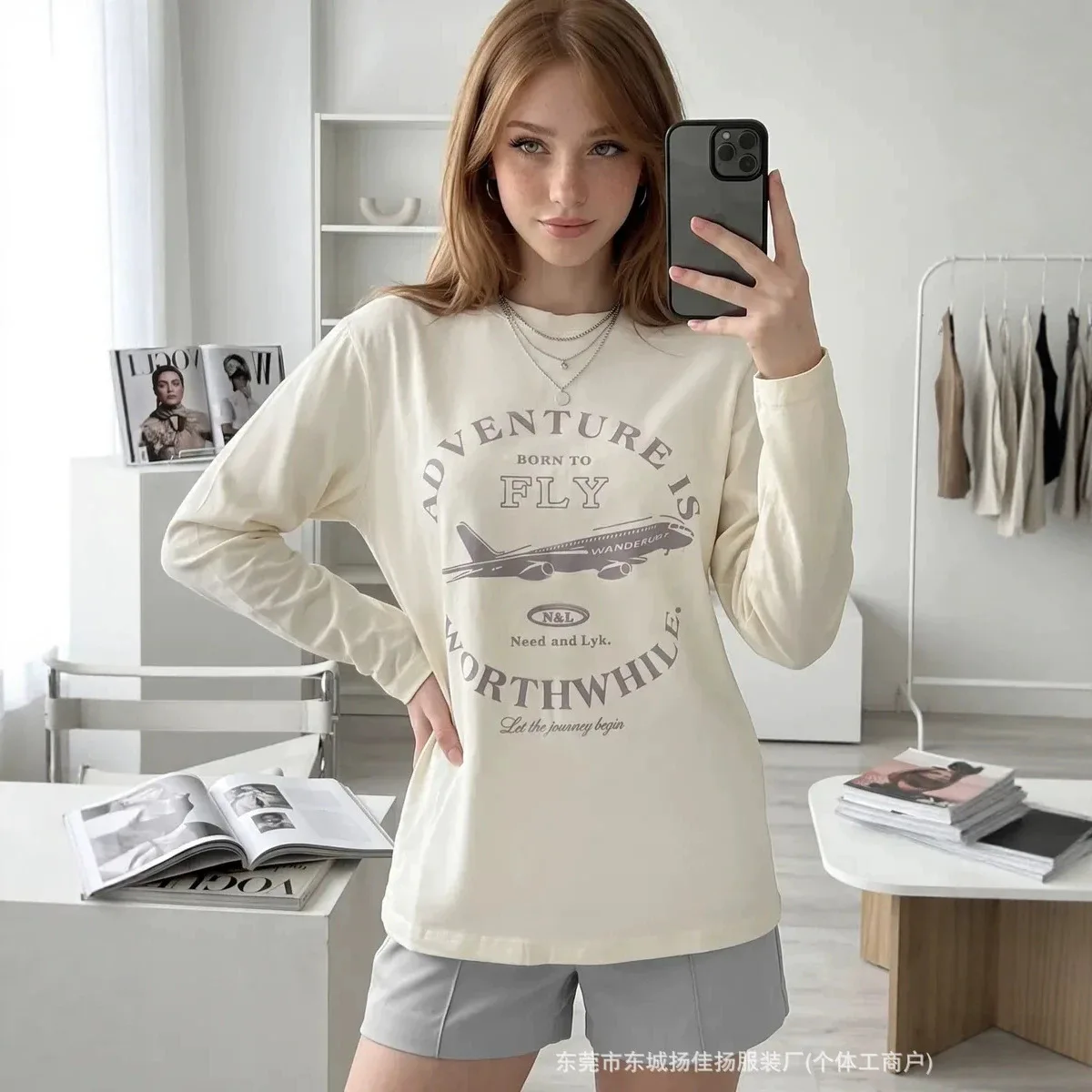 Retro Vintage Women 100% Cotton Long Sleeve Tee Airplane Adventure Letter Graphic Print Crew Neck Loose Casual Streetwear Tshirt