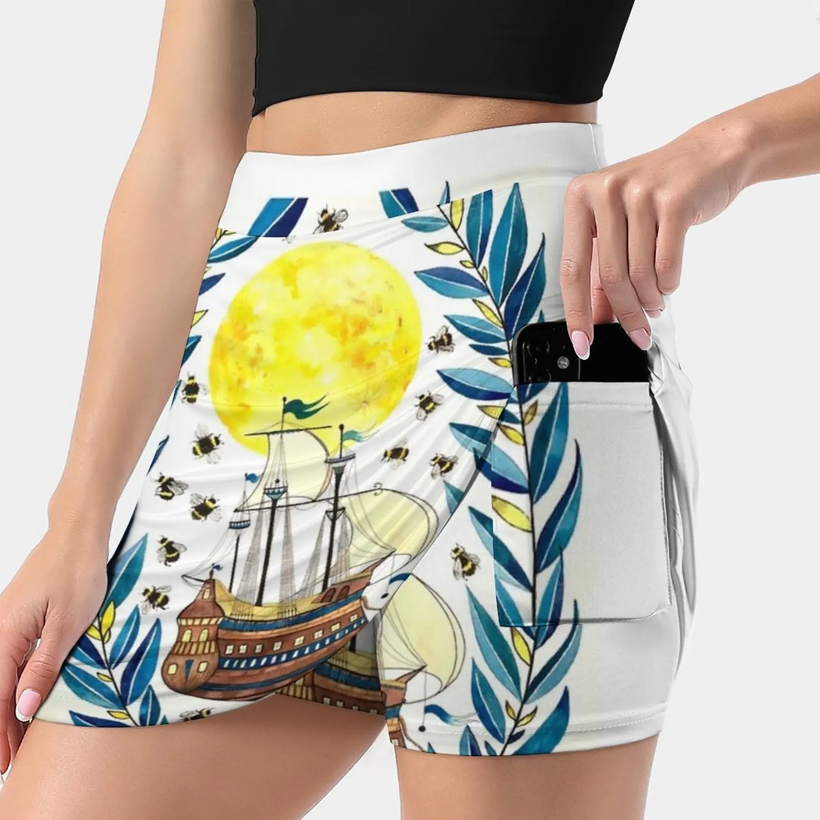 Ship Moon Women's skirt Aesthetic skirts New Fashion Short Skirts Ship Bee Bees Moon Tattoo Watercolor Yellow Moon Old School