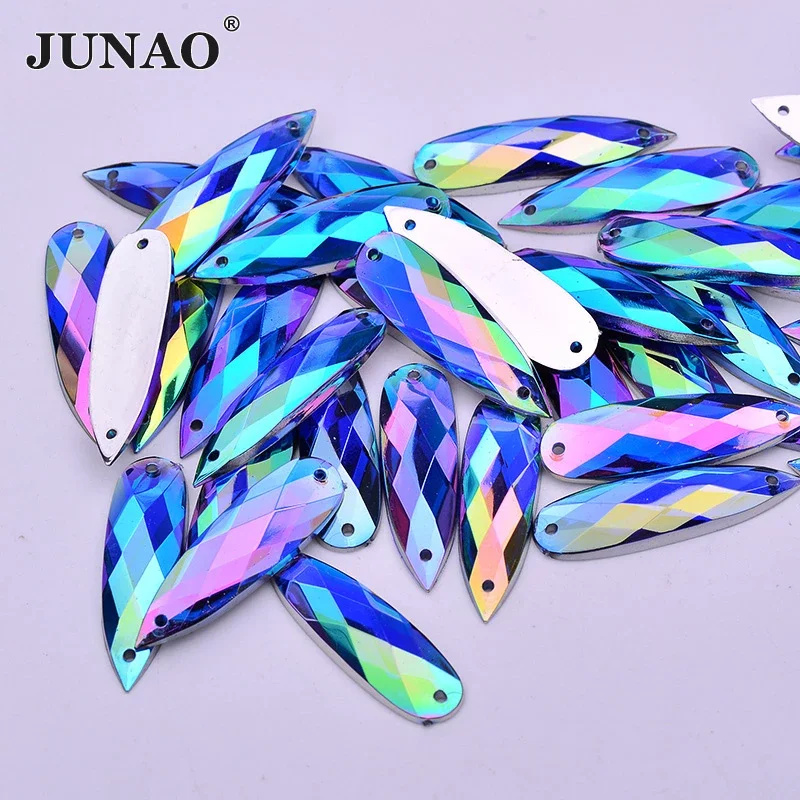 JUNAO 30pc 8*28mm Sewing Blue AB Drops Rhinestone Applique Flat Back Gems Sew On Acrylic Stone Strass Crystal Needlework Crafts