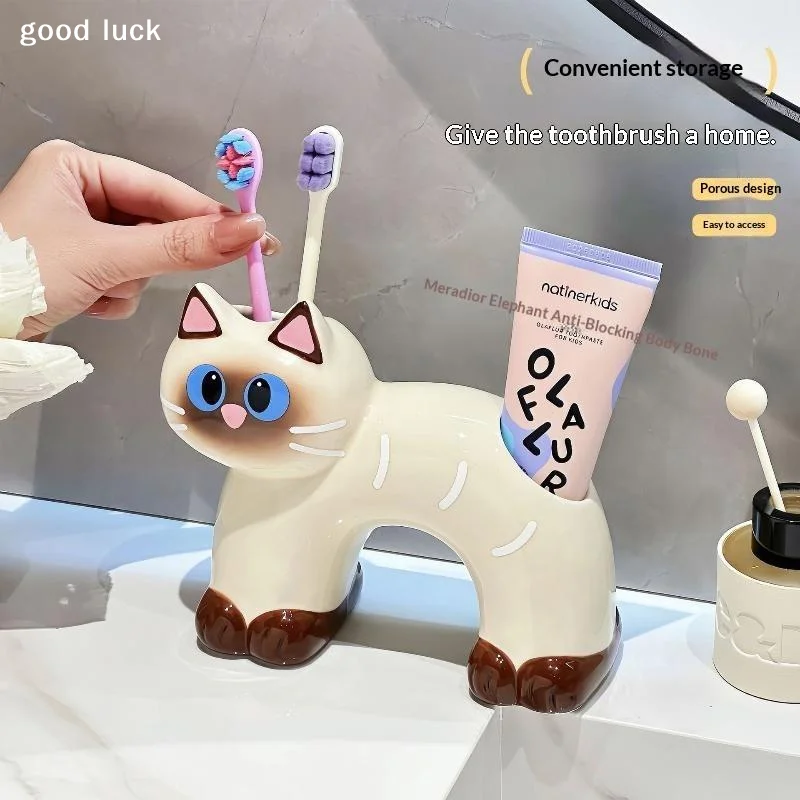 AnswerBathroom Toothbrush Holder Ceramic Material Cute Cat Design No Drilling Household Toothbrush Toothpaste Storage Rack