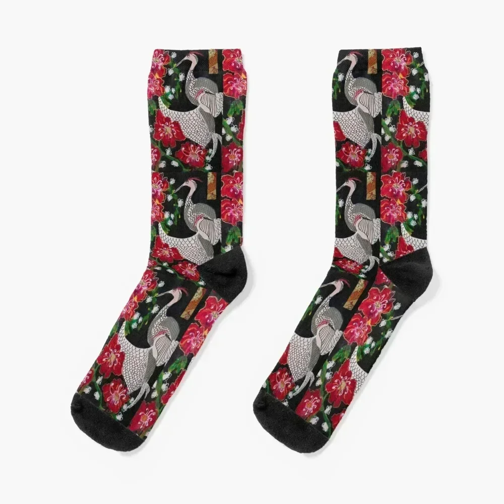 Mixed Media Herons and Hibiscus - Japanese Inspired Socks colored Stockings moving stockings Socks Men Women's