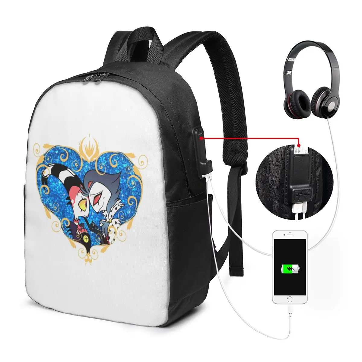 Helluva Boss Stolas And Blitzo Heart Frame Backpack Travel Notebook Bag Computer College Student School Bag Laptop Shoulder Bags