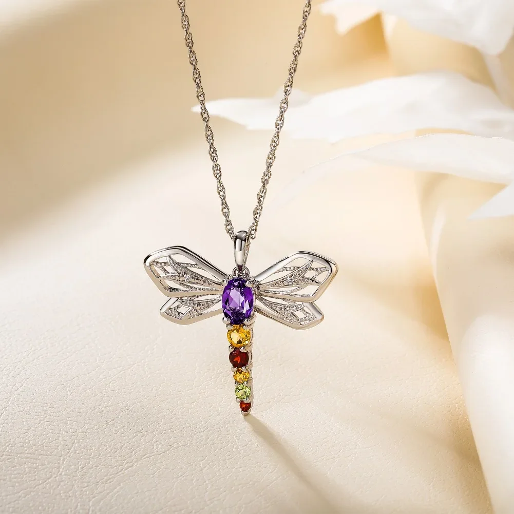 GZ ZONGFA Natural Amethyst 925 Sterling Silver Dragonfly Pendant Necklace Colorful Gems Citrine Insect Neck Chain for Women