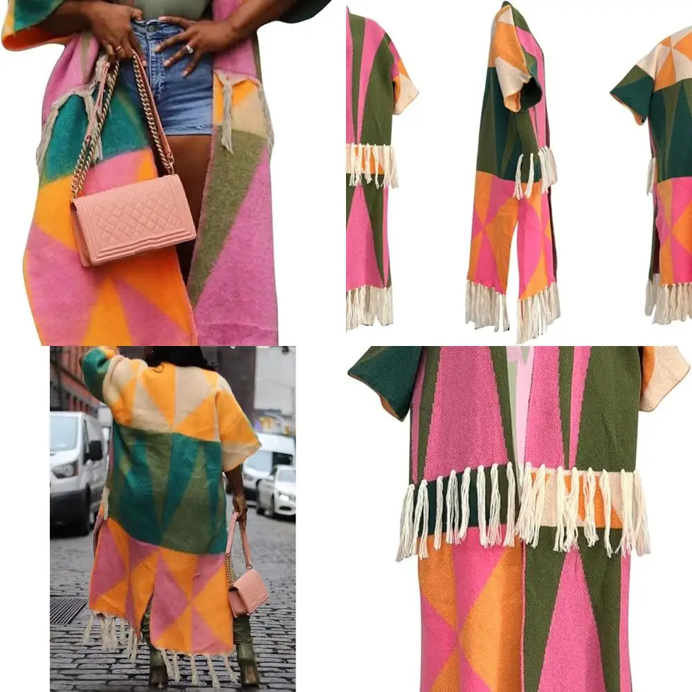 

Color-Blocked Maxi Cardigan with Fringe, Plus Size Open Front Poncho Wrap Sweater