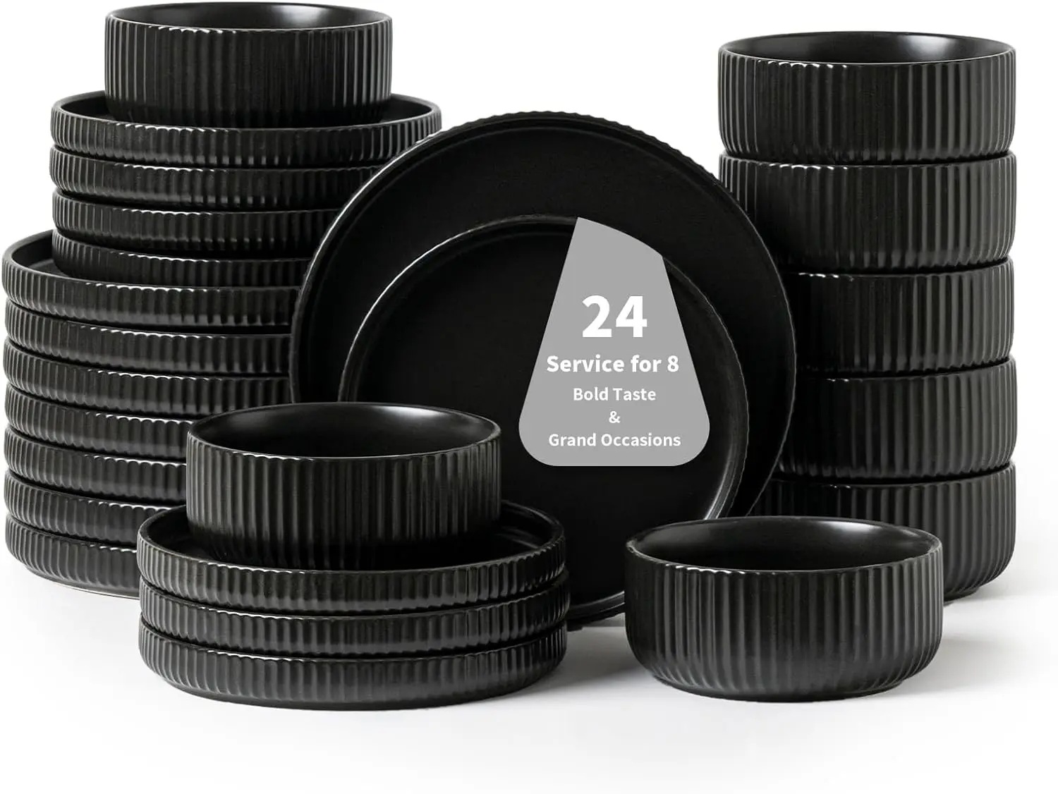 

24-Piece Black Ceramic Dinnerware Set for 8, Plates and Bowls, Durable and Dishwasher Safe