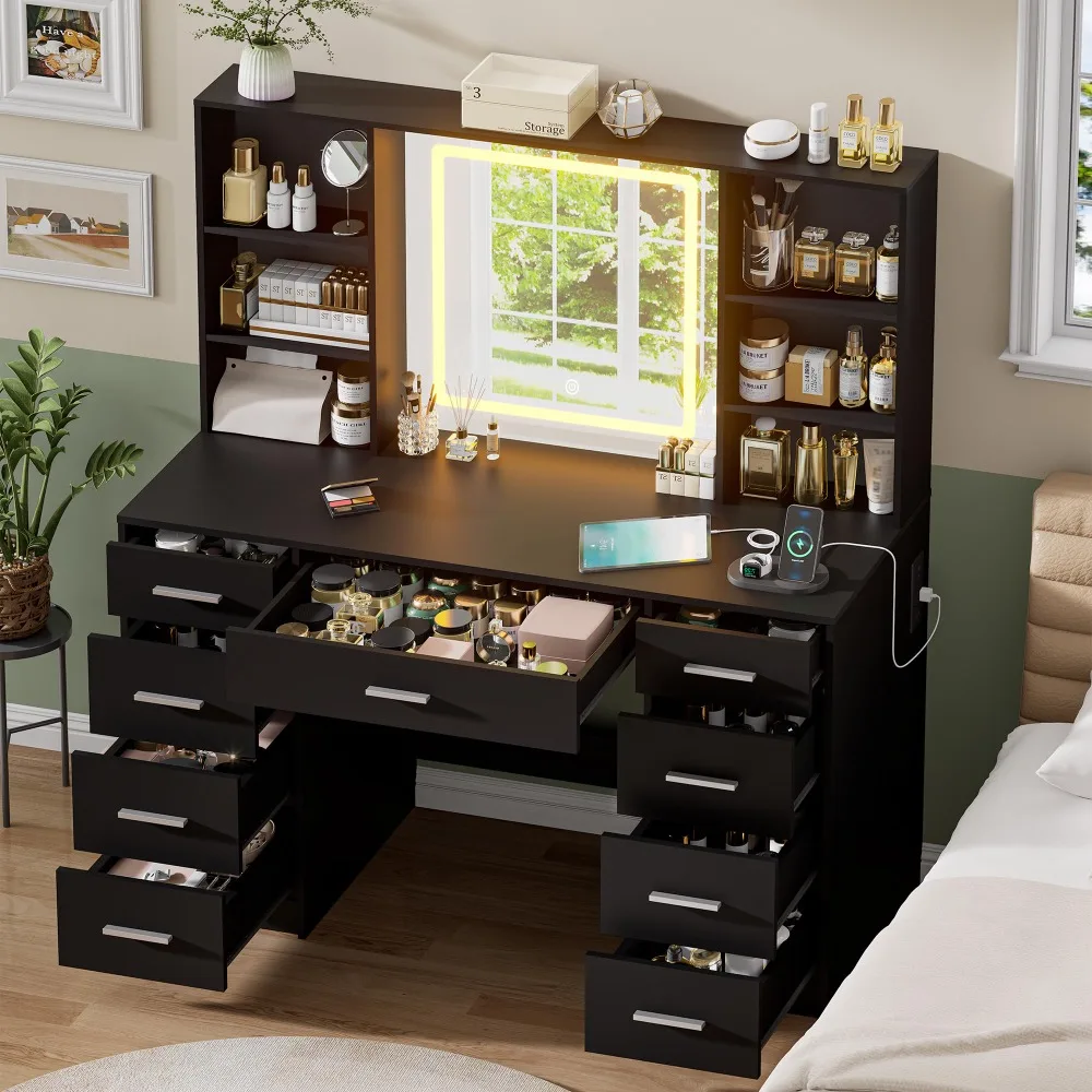 Black Vanity Desk with Mirror and Lights,Makeup Vanity with 9 Drawers, 6 Shelves & Power Outlet,Touch Screen Mirror