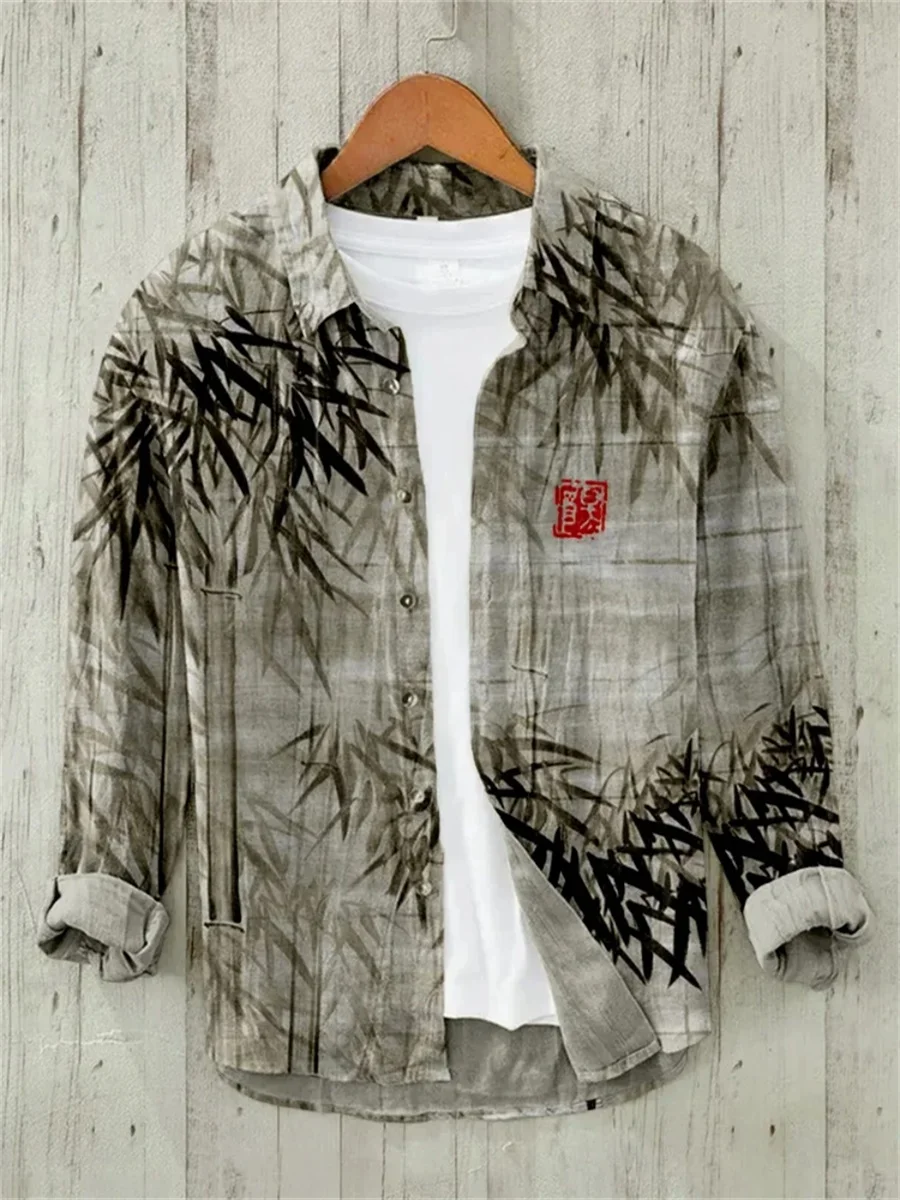 New men's long-sleeved shirts, men's linen shirts, high-quality men's clothing with Japanese fashion art prints