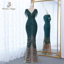 Vestidos de Noche de sirena de manga corta con cuentas, verde, nuevo