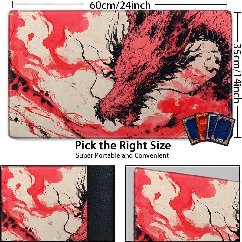 Dynamic East Asian Style Dragon Pattern Red and Black Ink Wash Artistic TCG Game Mat Collectible Card Game Table Mat