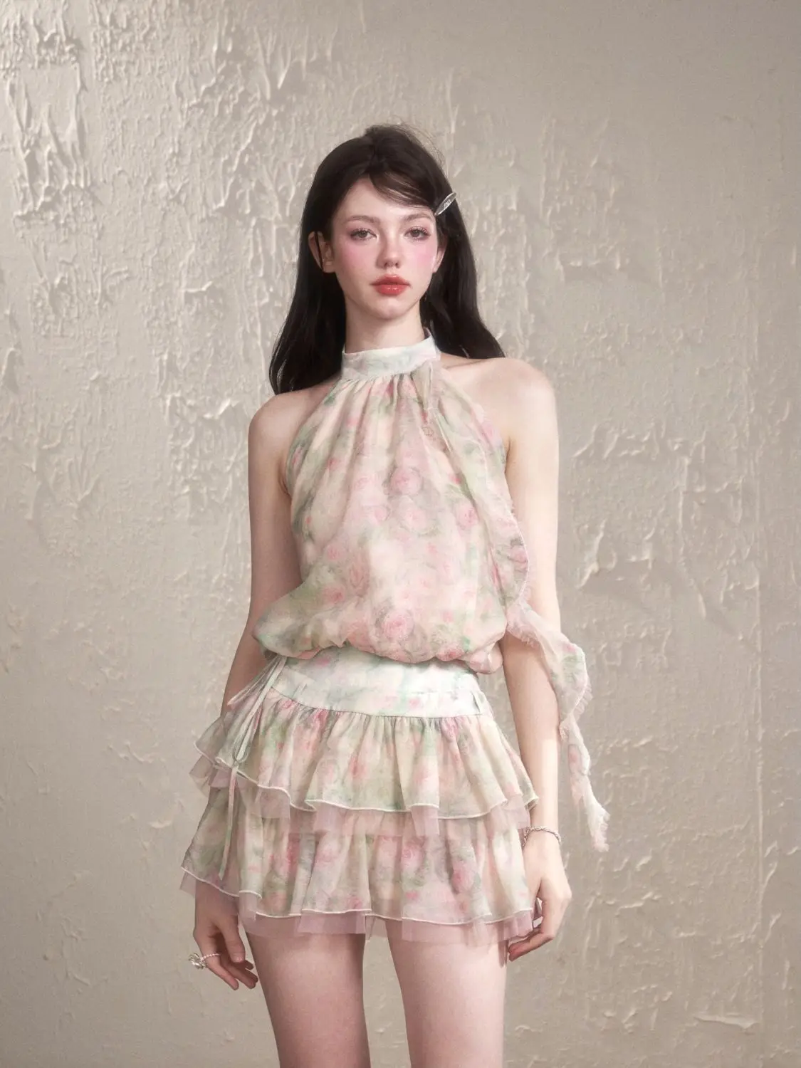 Francês retro elegante design floral sem mangas halter pescoço chiffon colete bolo saia em camadas conjunto de 2 peças