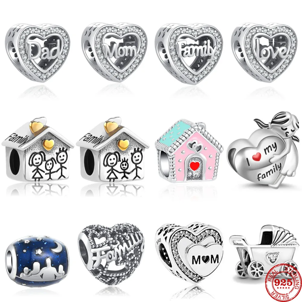 925 sterling silver Hollow Heart Double Faced Father  Mother Family charm beads fit original Pandora bracelet DIY women jewelry