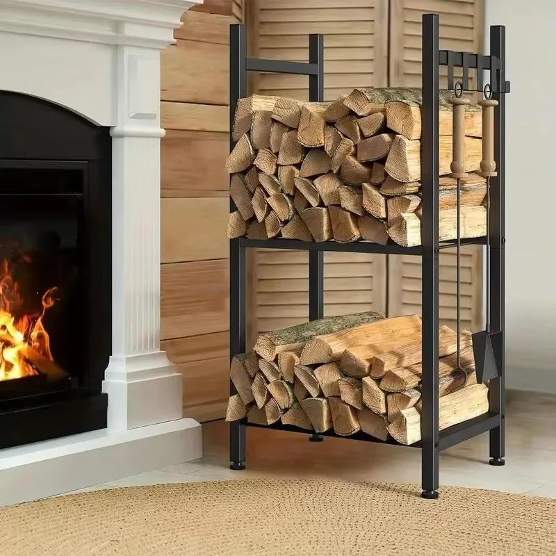 Wholesale Modern Heavy Duty 2-Tier Metal Firewood Rack with 4 Hooks for Outdoor Log Storage