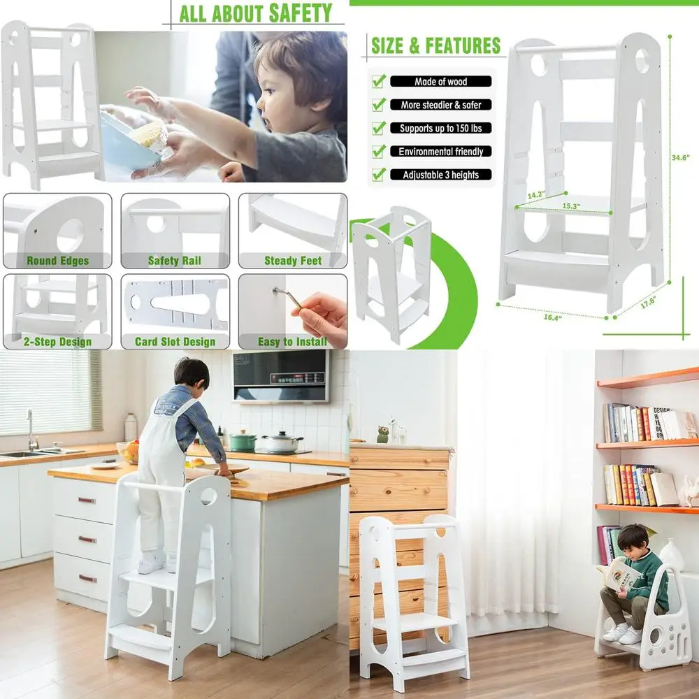 

Adjustable 3-Height Wooden Kids' Kitchen Stool with Safety Rail, White
