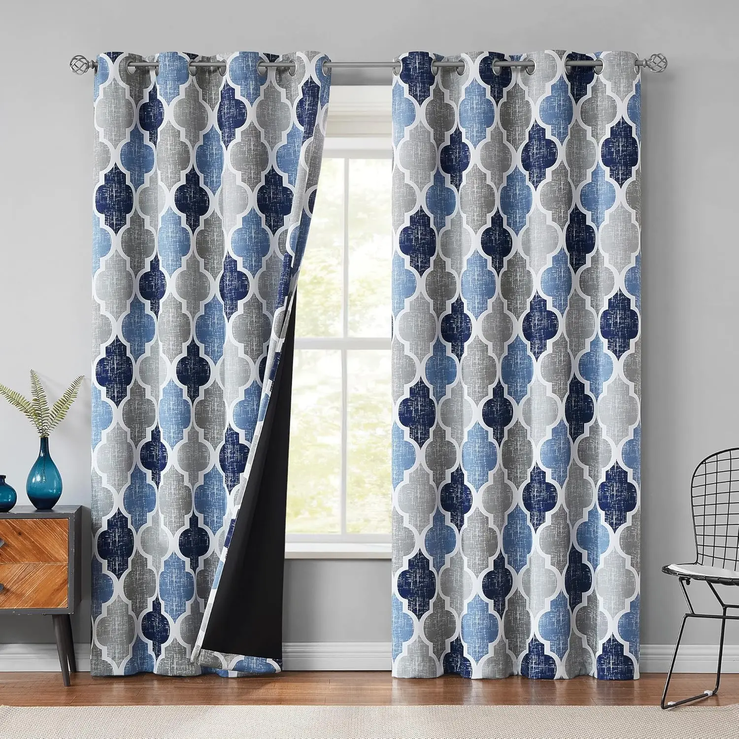 

100% Blackout Curtains 84 Inches Long 2 Panels for Bedroom Living Room Blue Grey Moroccan Geo Room Darkening Thermal Ins