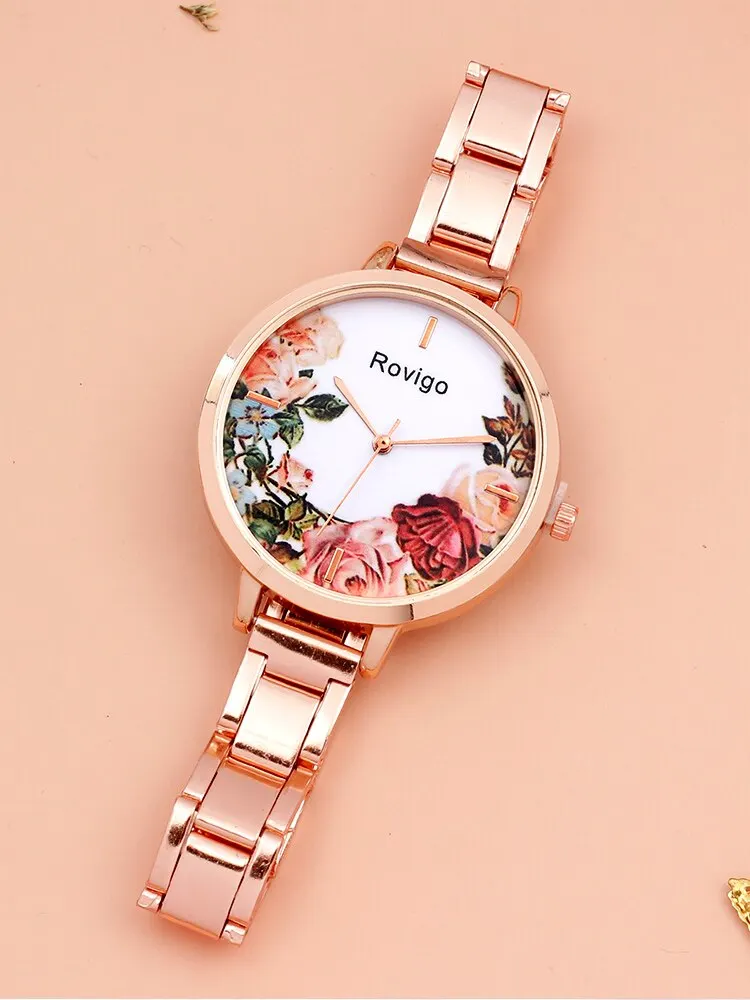 3PCs Women\'s Fashion Flower Plant Round Steel Band Quartz Watch+Diamond Star Bracelet Combination Set