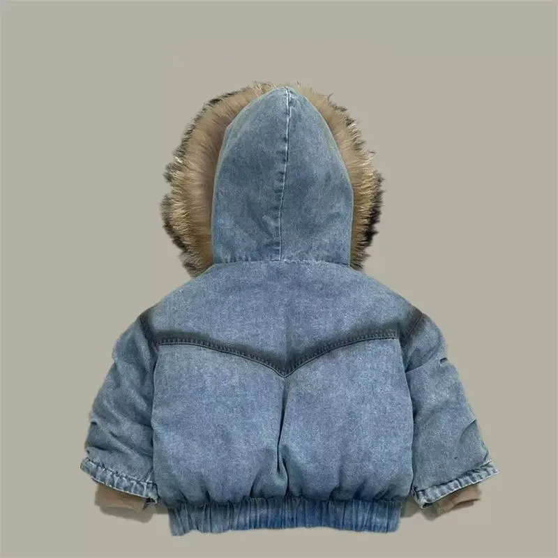 RAISE Children Boys Winter Jackets Denim Padded Outerwear Coat For 4-14Y Kids Boys Faux Fur Hooded Young Teens Boys Warm Parkas