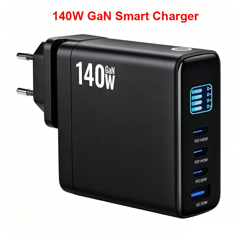 140W Smart Charger with TFT Digital Display 3 * USB-C, 1 * USB-A GaN Fast Charger PD3.1 Desktop Multi-Port Power Station