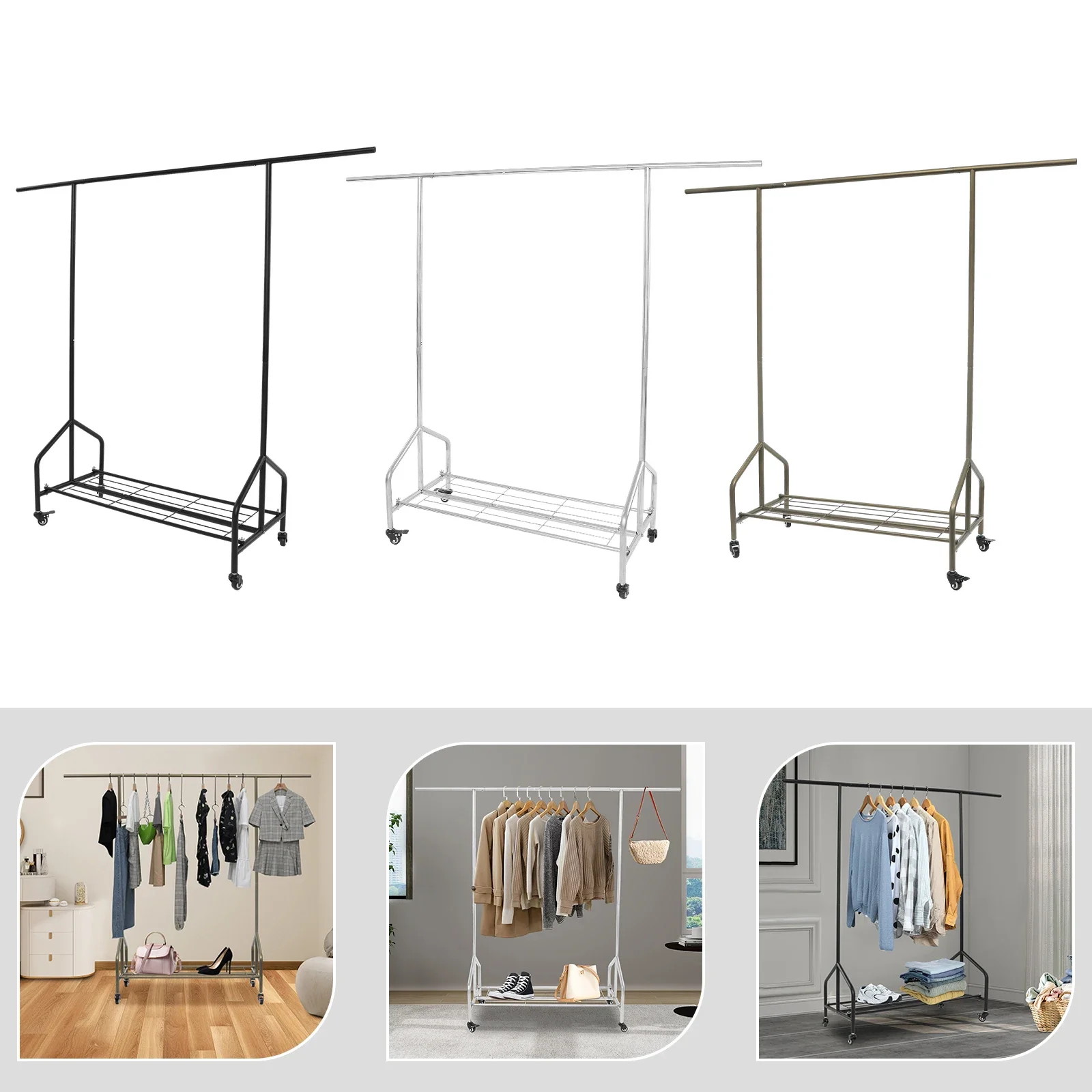 

Heavy Duty Clothes Rack, Metal Garment Rack, Standing Rolling Clothing Rack for Hanging Clothes with Sturdy Wheels & Shelves