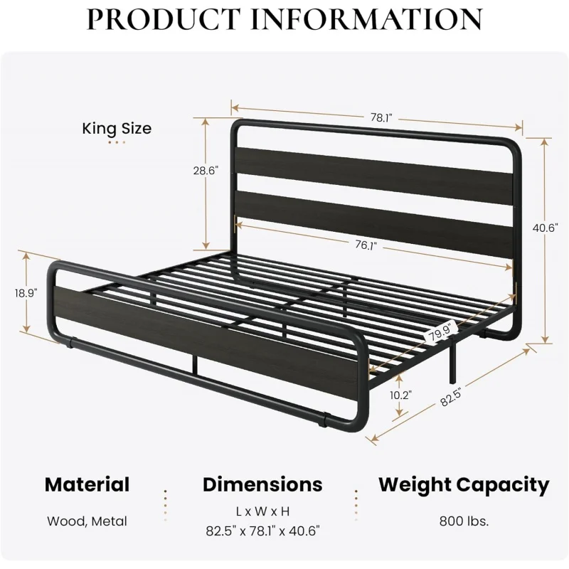 King Size Metal Bed Frame Wooden Headboard and Footboard, Heavy Duty Platform Bed Frame with 10 